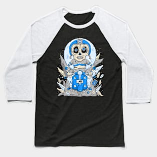 Skeleton Blue Helmet Scooter Forest Hearts Leaves Ride Along Baseball T-Shirt